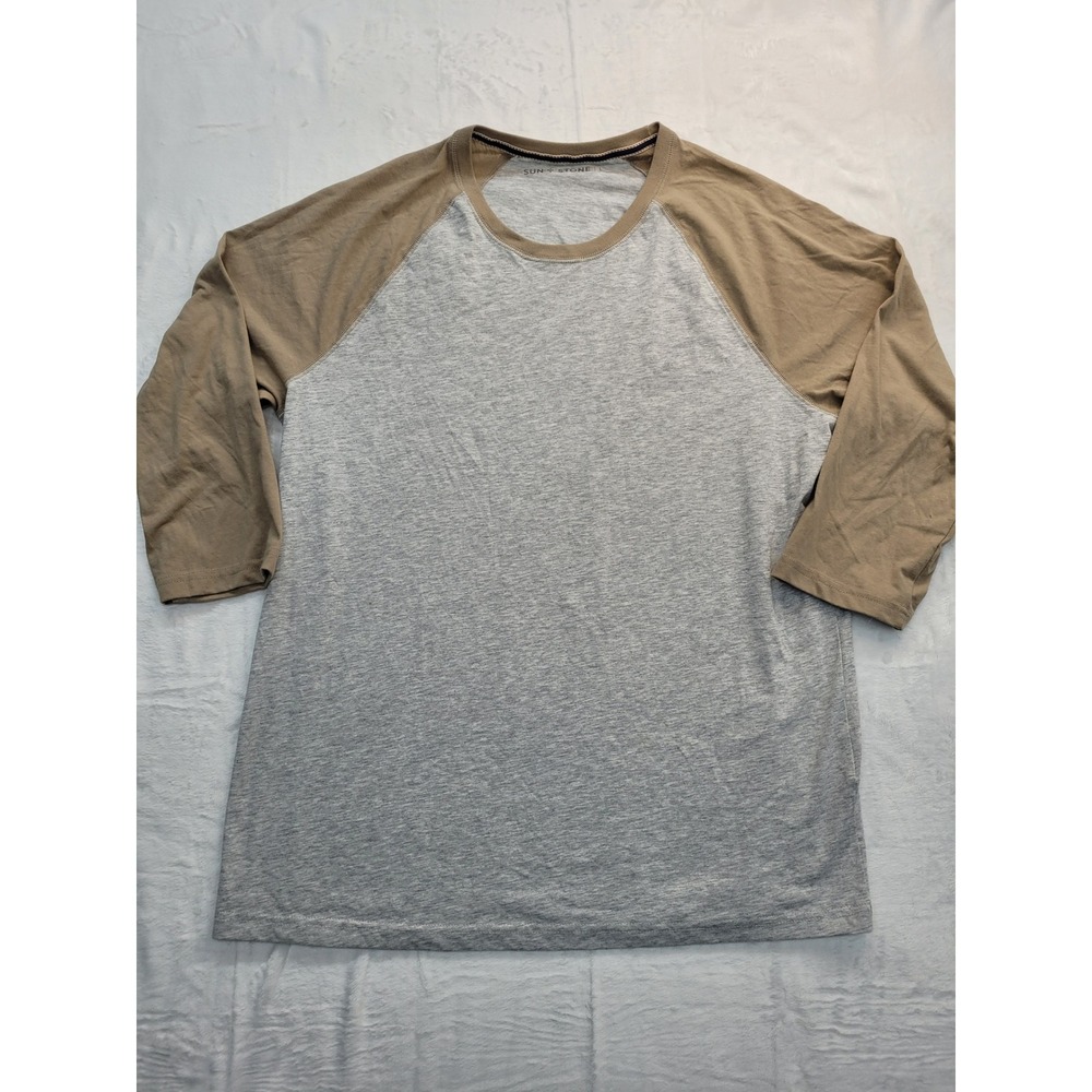 Sun + Stone Raglan Baseball Tee Mens Large Gray Tan 3/4 Sleeve Shirt
